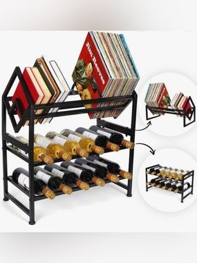 Black 3-Tier Wine and Record Storage Rack
